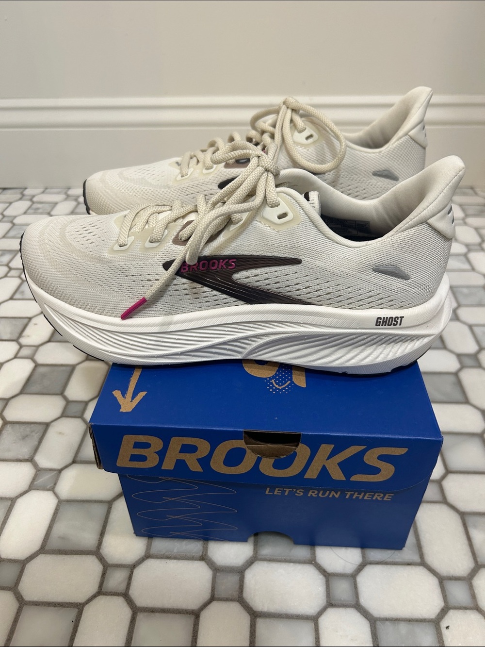 Brooks Women's Ghost Running Shoes - White with Pink Accent